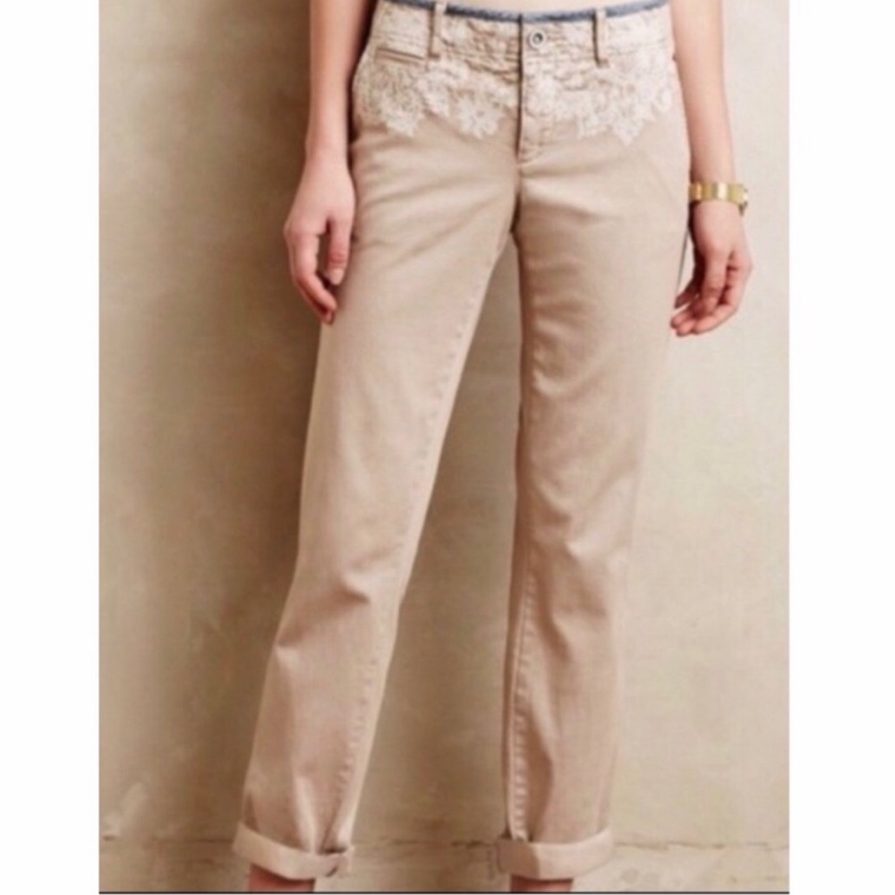 Anthropologie Khaki Pants with Embroidery